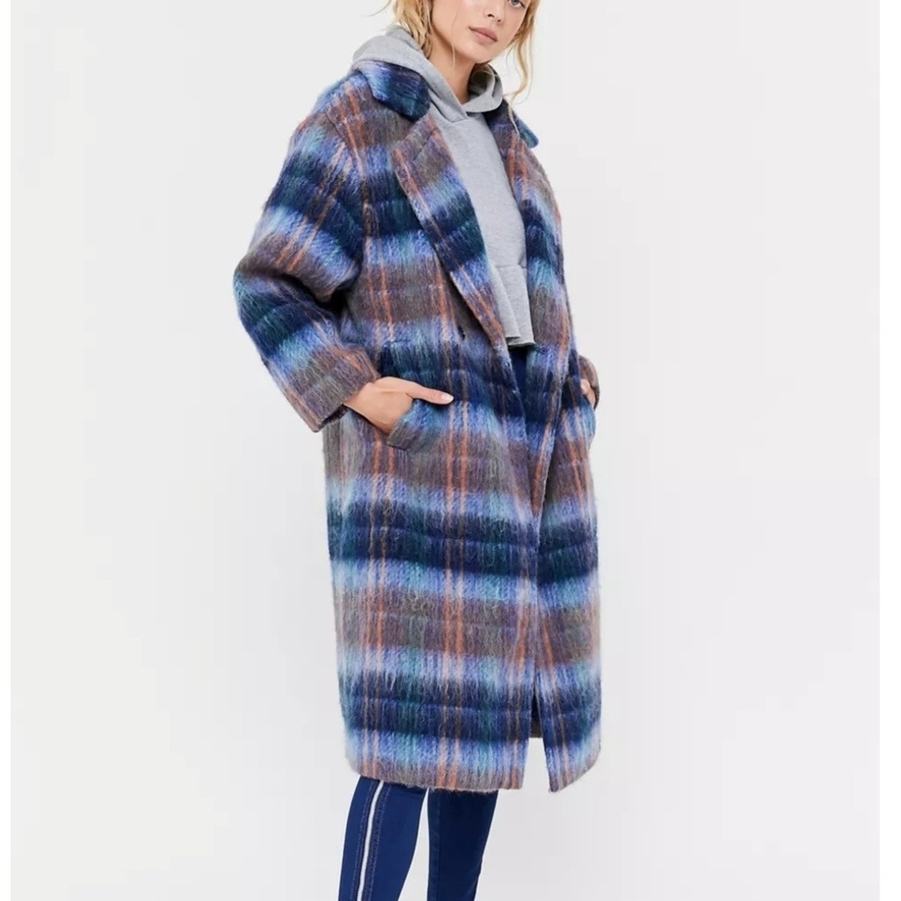 Urban Outfitters Coat Women M Blue Orange Plaid Wool Blend Oversized Overcoat